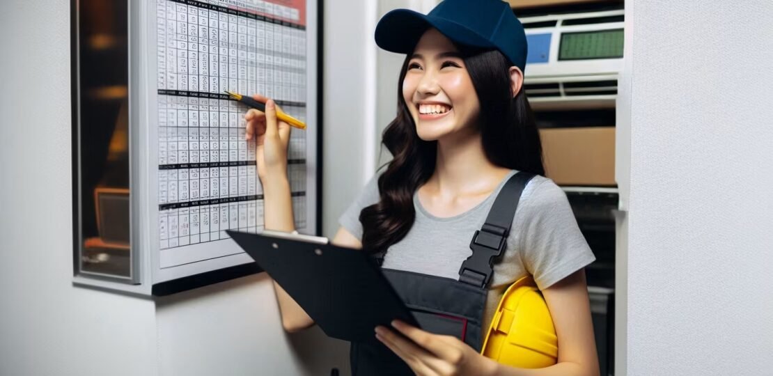 happy female asian aircon engineer looking at timetable