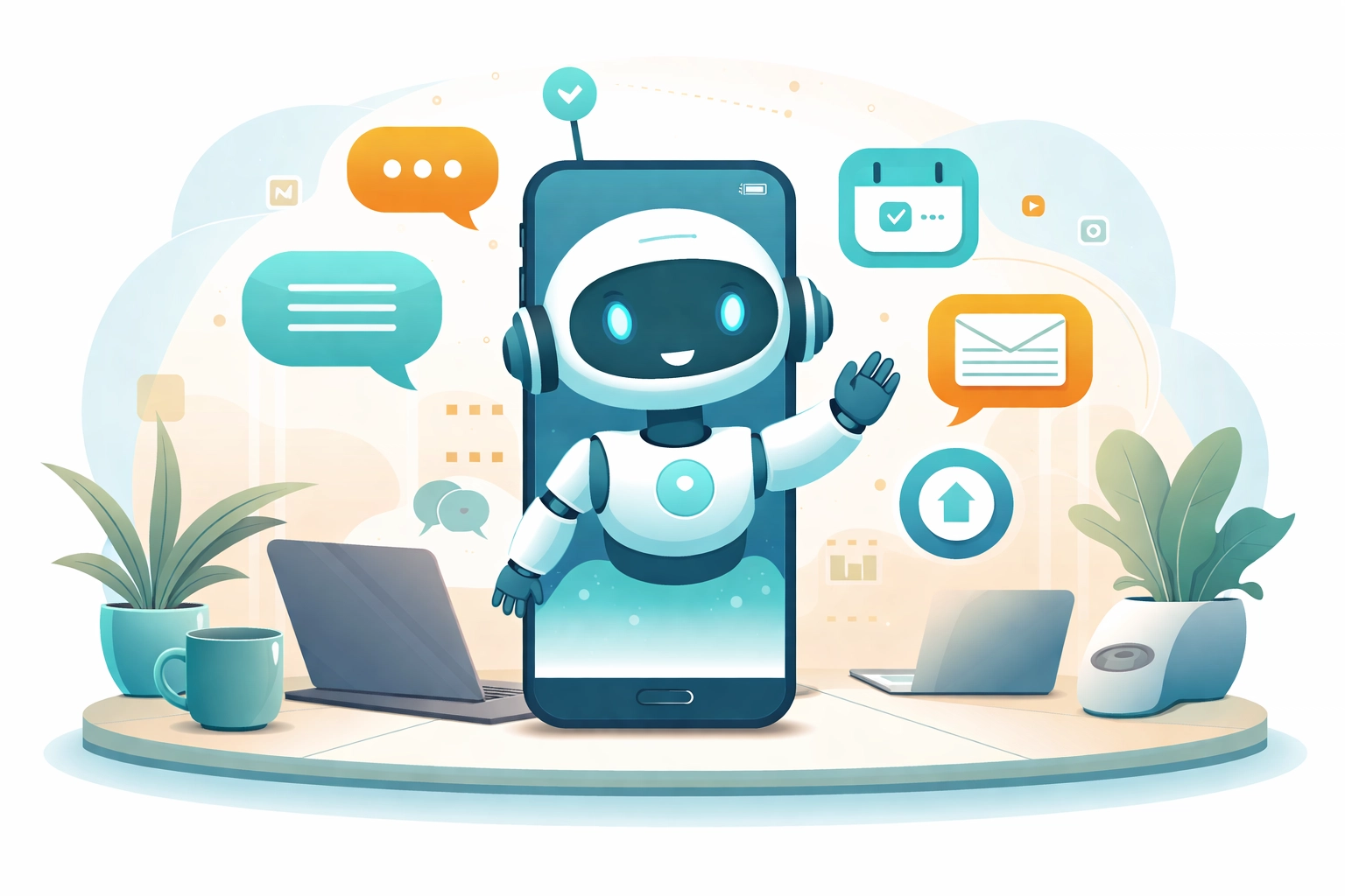 Illustration of a smart AI robot assistant emerging from a smartphone, showing Clawdbot's integration with daily devices.