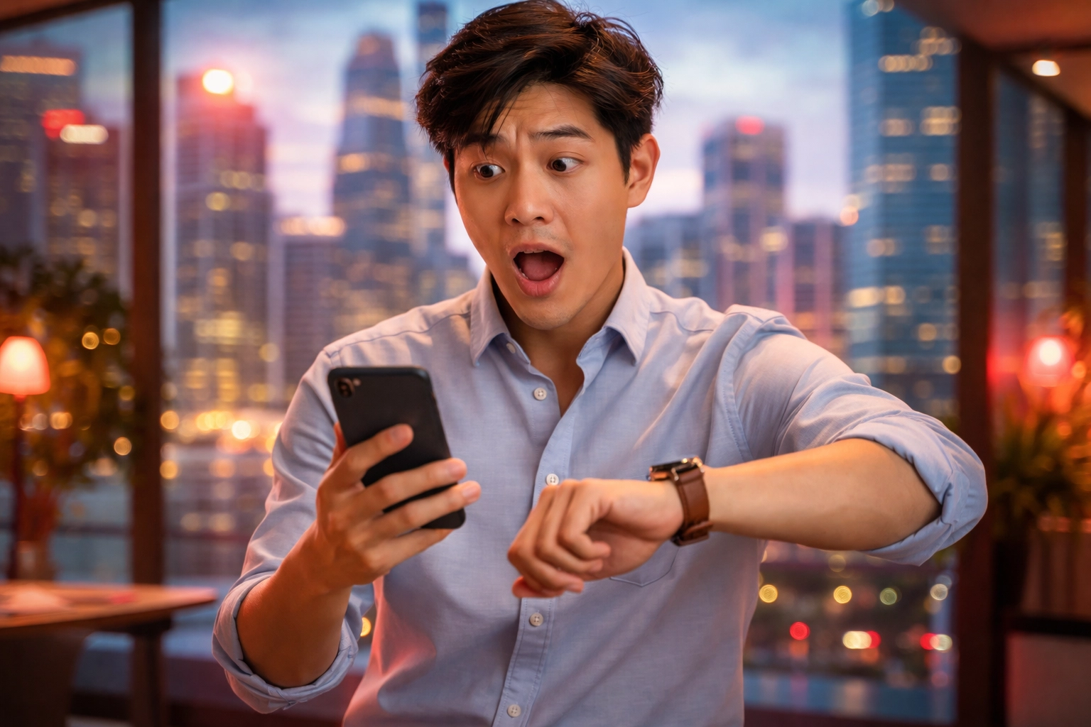 Panicked young Asian man in office checking his phone and watch, representing last-minute Valentine’s planning in Singapore.