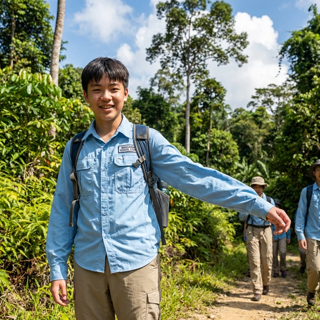 Teenage student on a sunny school camp hike wearing quick-dry UV shirt and hiking pants