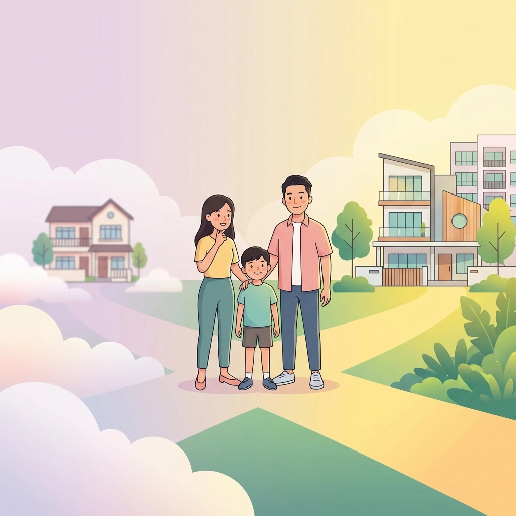 A young Singaporean family at a crossroads choosing between more affordable cluster housing and an out-of-reach traditional landed home.