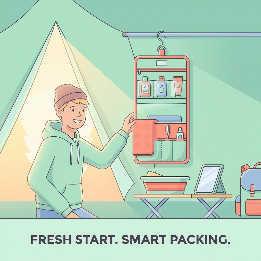 Organized camping toiletries and quick-dry towel inside a tent at a school camp in Singapore