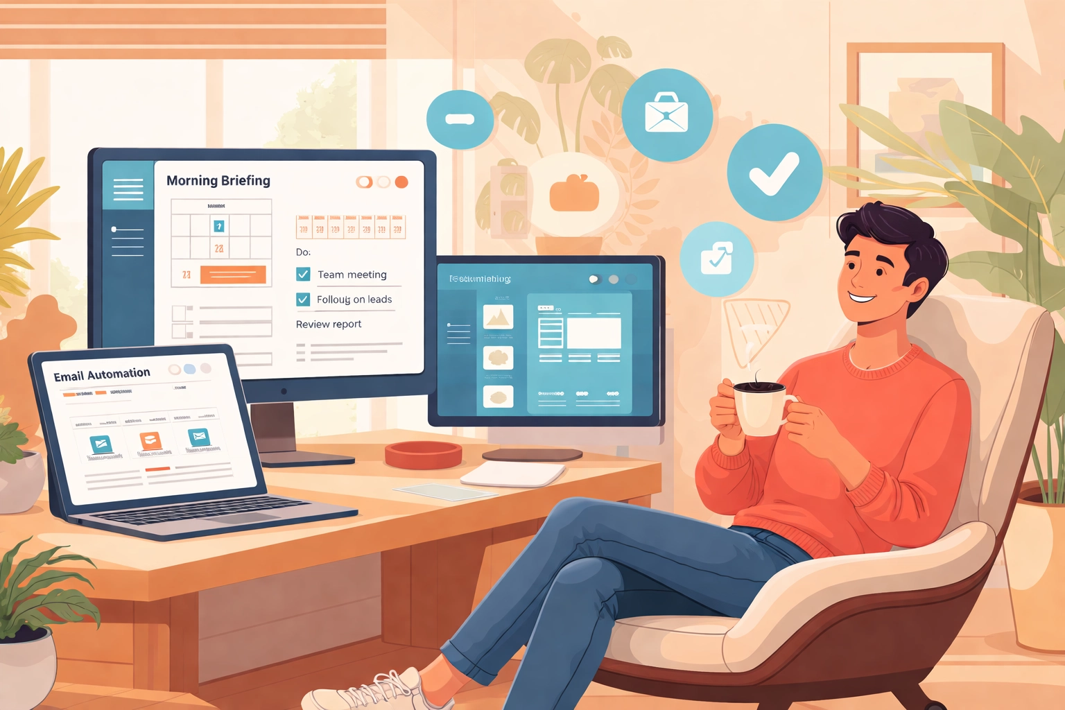 Workspace scene featuring a person using Clawdbot for email, calendar, and smart home tasks, highlighting real-life use cases.