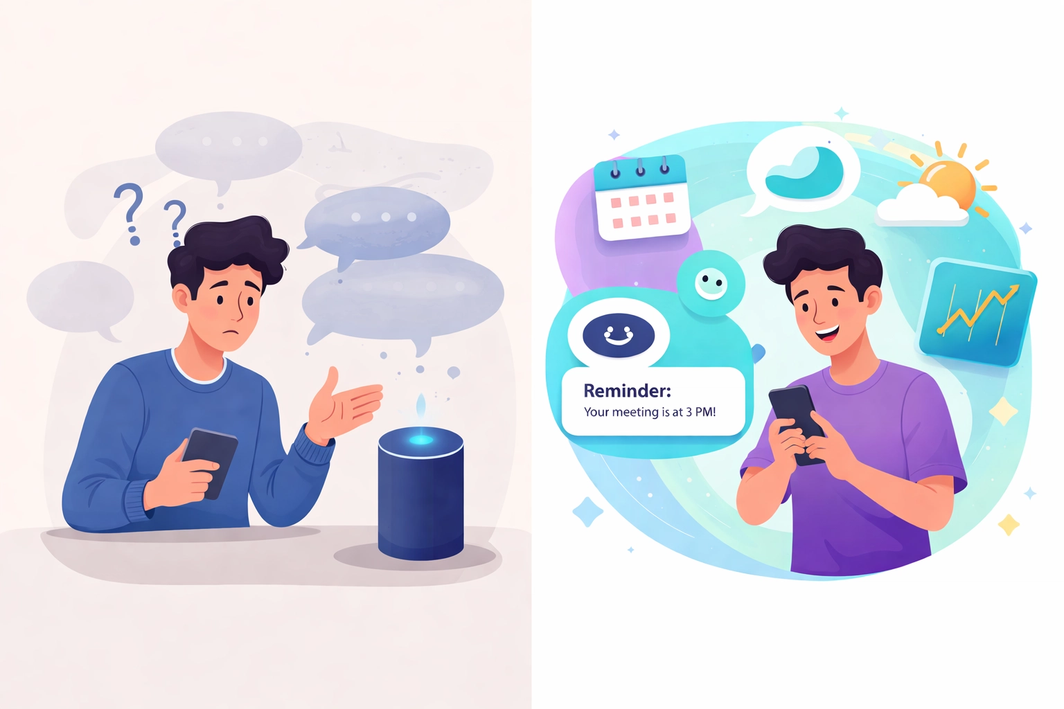Infographic comparing a frustrated user with a basic smart assistant and a satisfied Clawdbot user getting proactive updates.
