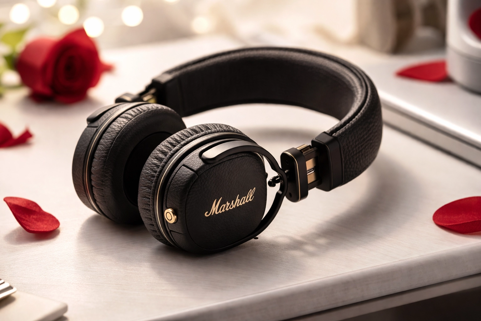 Marshall Major V on-ear Bluetooth headphones product shot on a clean desk setup (Valentine’s gift idea for him).
