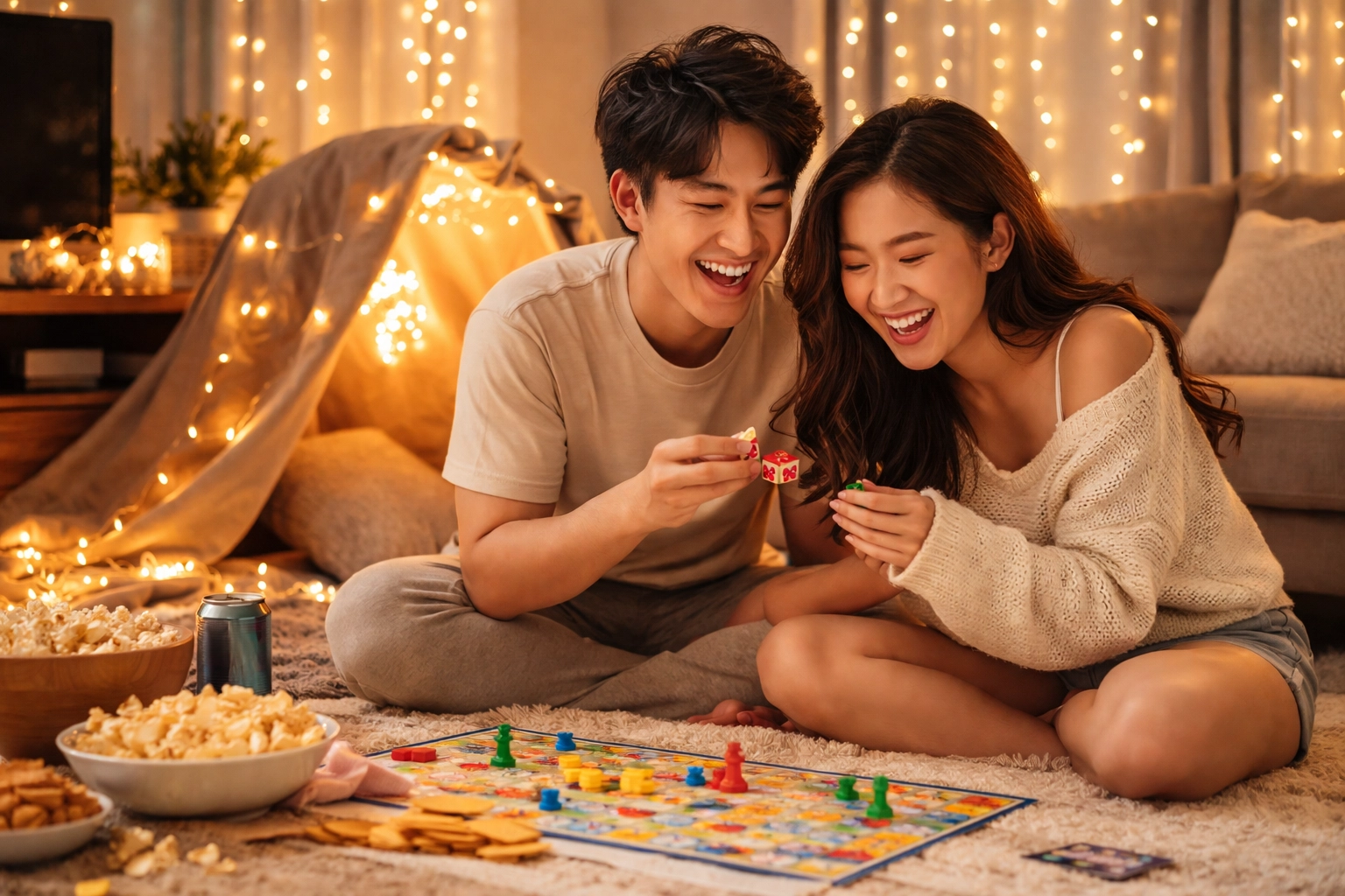 Happy Asian couple laughing and playing a board game in their HDB living room, enjoying Valentine’s night together.