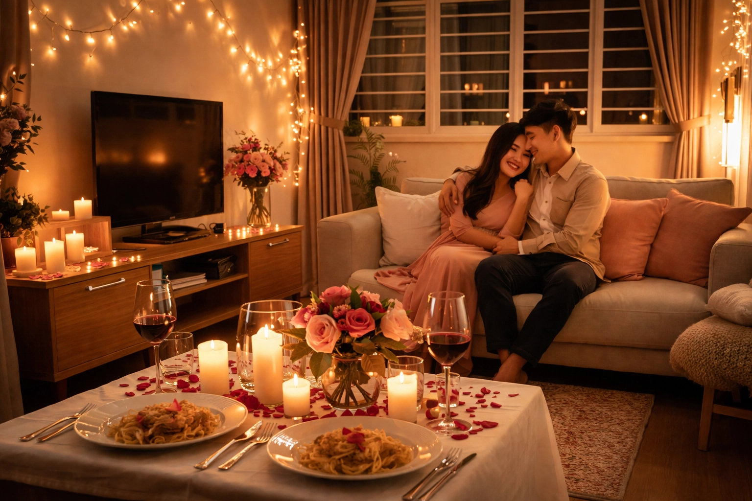 Cozy Singapore HDB living room with fairy lights and candles, styled for a romantic Valentine’s evening at home.