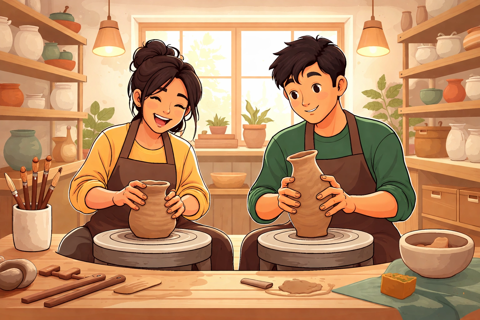 Young Asian couple enjoying a pottery workshop date in Singapore, laughing while making pottery together