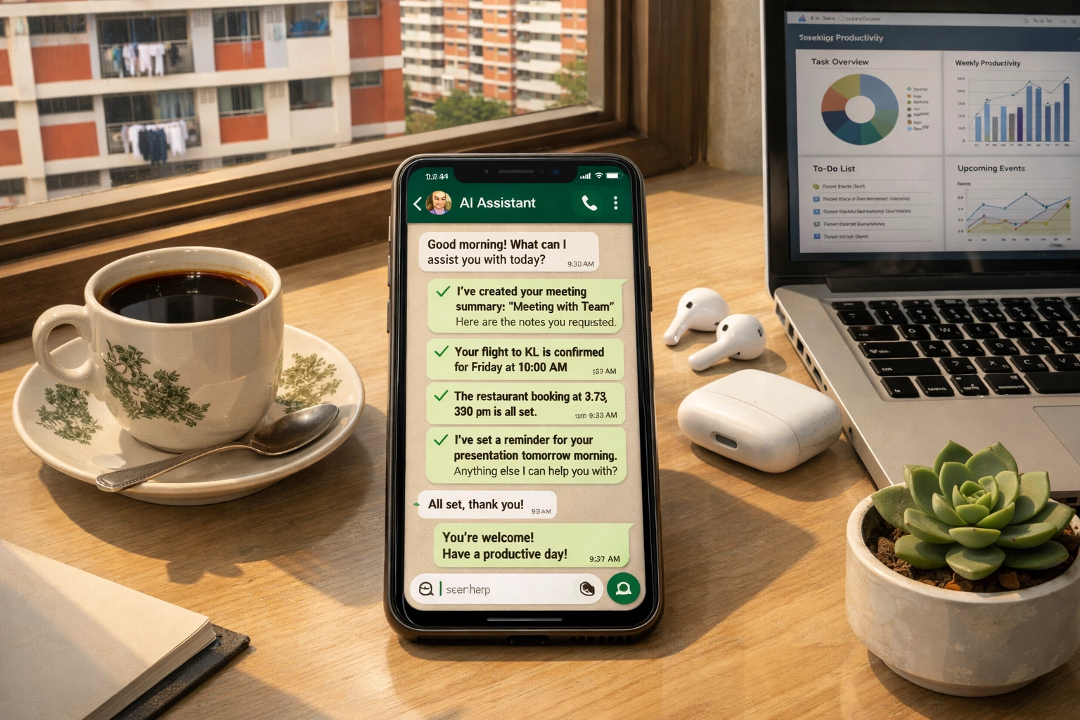 WhatsApp AI assistant conversation on smartphone with productivity tools (calendar, tasks, deliveries, smart home) in a modern workspace