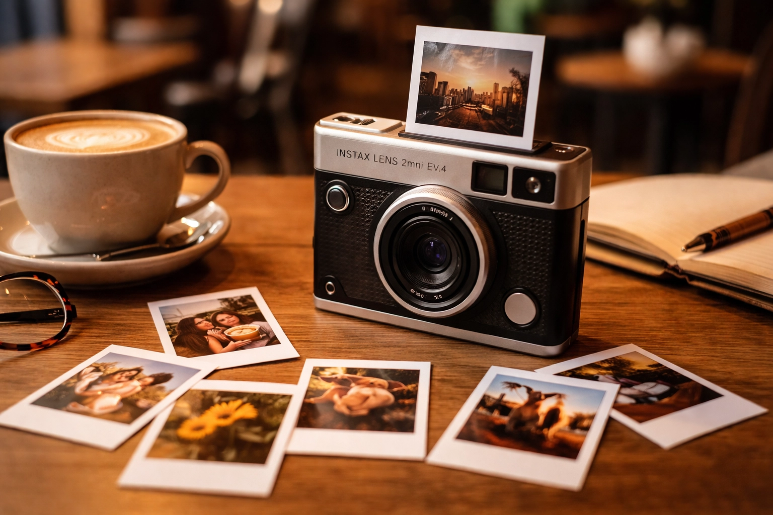 Fujifilm Instax Mini Evo instant camera on a cafe table with printed photos (gift for her).