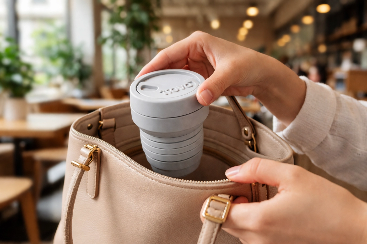 Stojo collapsible cup being packed into a handbag (gift for her).
