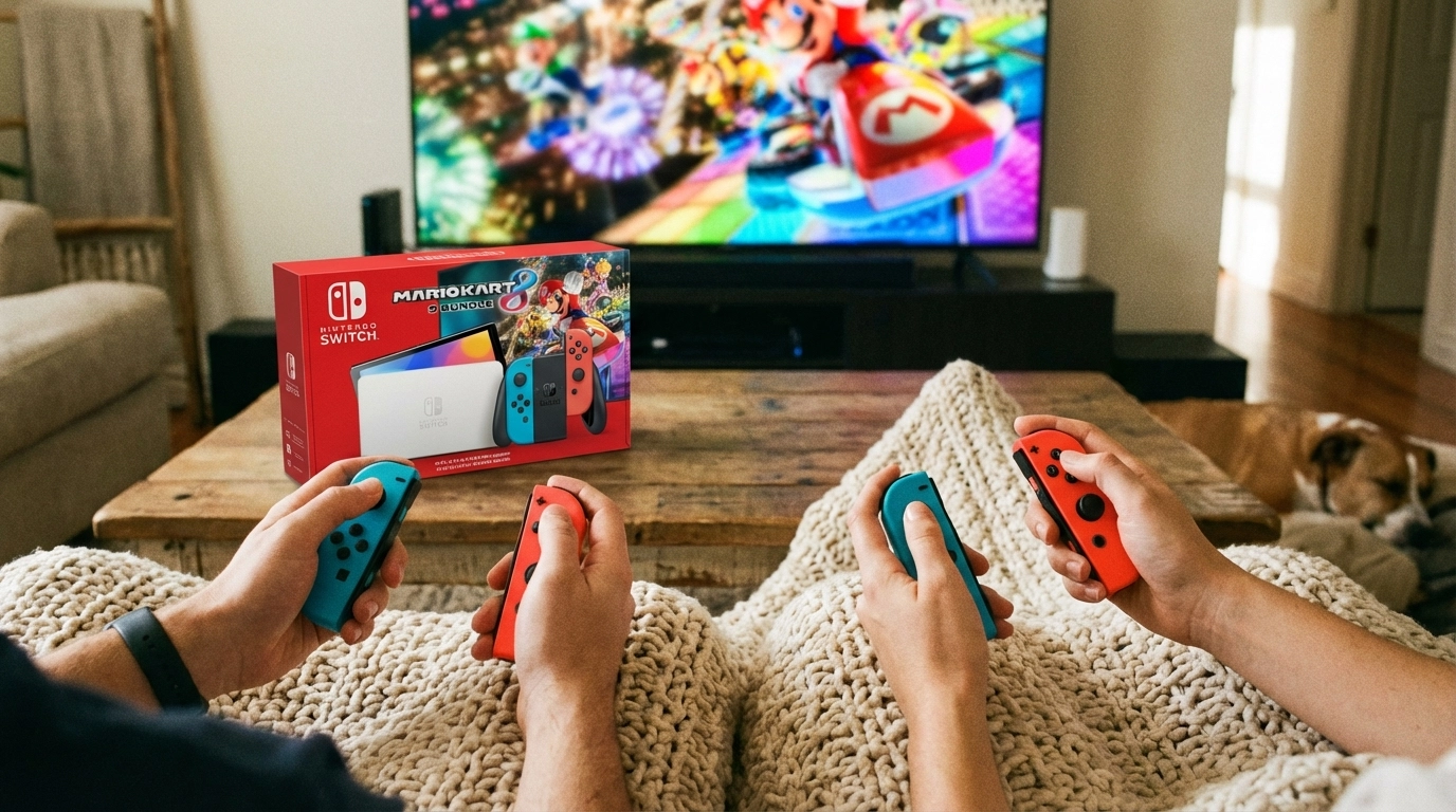 Nintendo Switch bundle on a couch gaming setup (couple-friendly Valentine’s gift for him).