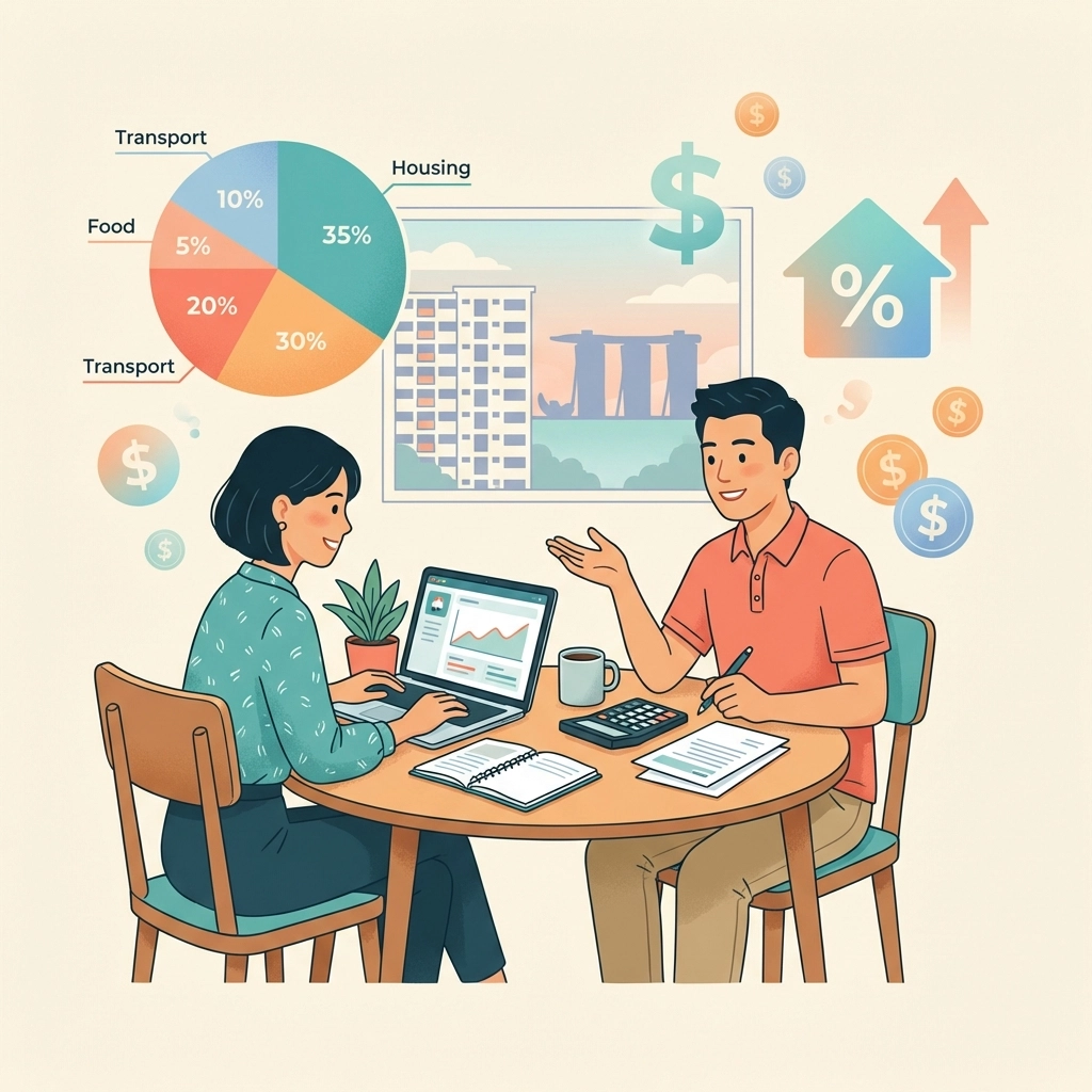 Singaporean couple budgeting for condo mortgage upgrade at home, surrounded by financial documents and HDB skyline