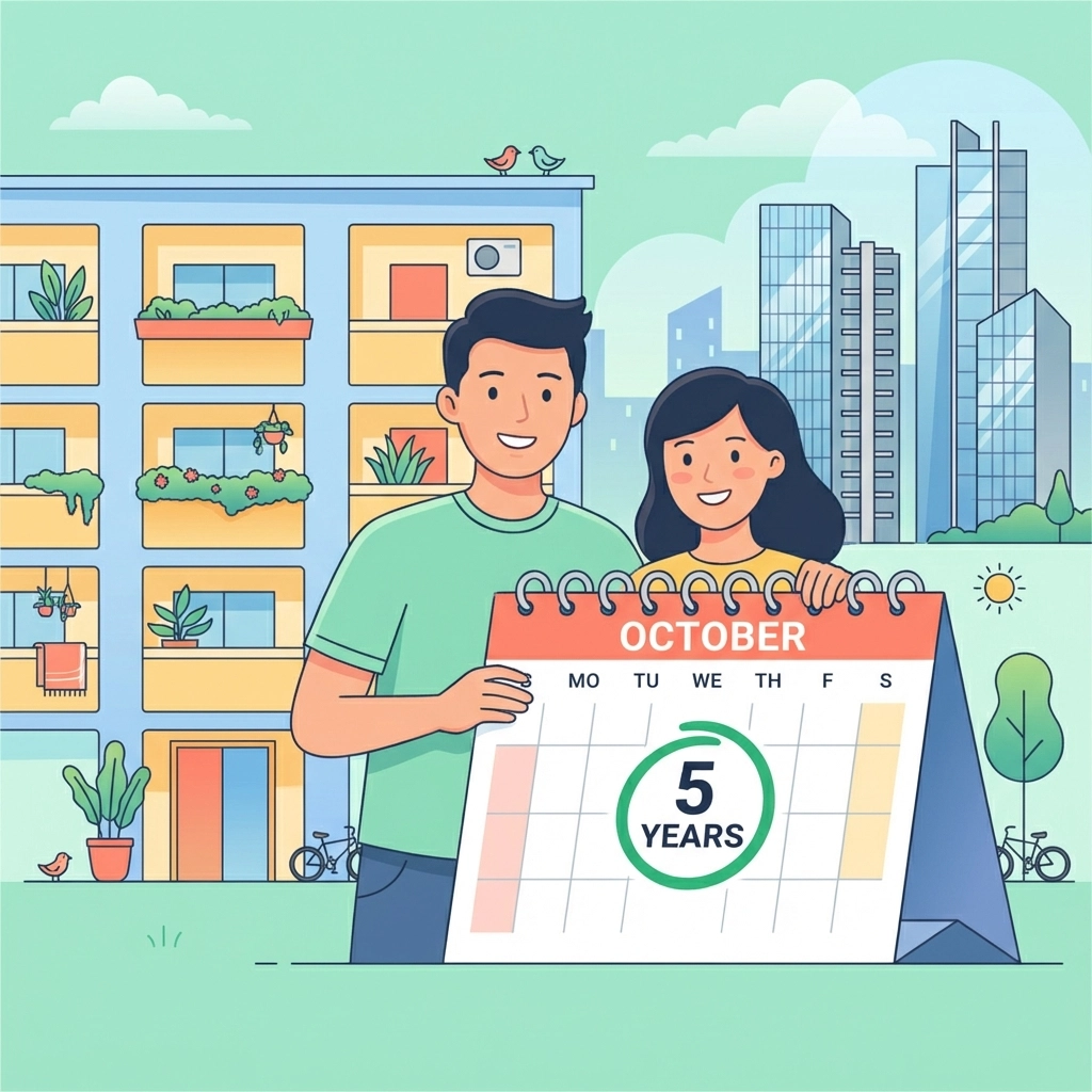 Singaporean couple planning HDB upgrade, holding a 5-year MOP calendar with flats and condos in the background