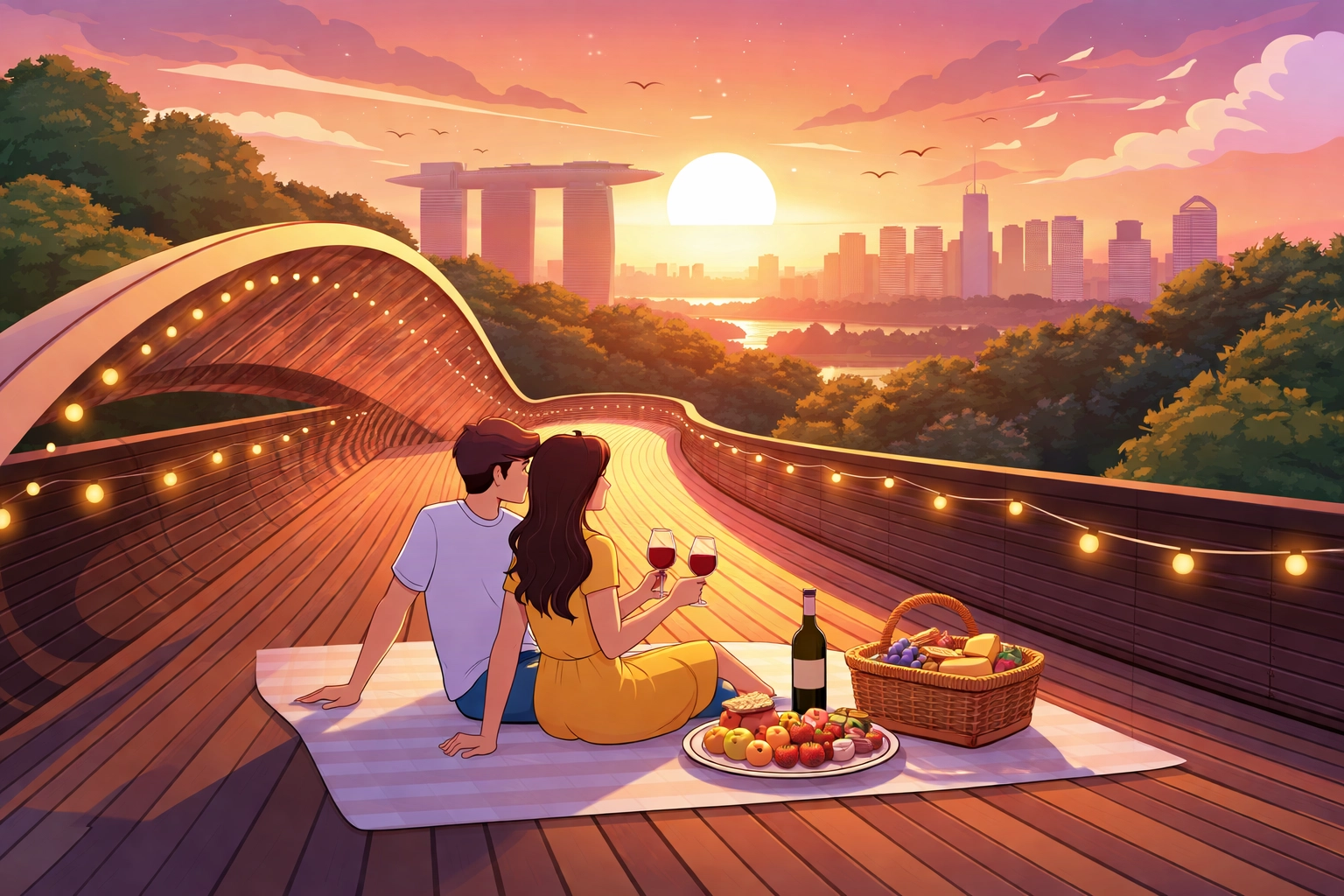 Romantic couple having a sunset picnic on Henderson Waves bridge in Singapore with skyline view