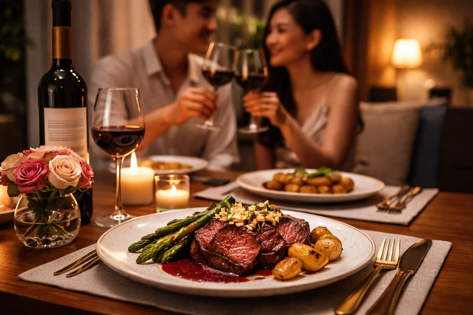 Gourmet steak dinner and wine set on a modern HDB table, perfect for a romantic home celebration in Singapore.