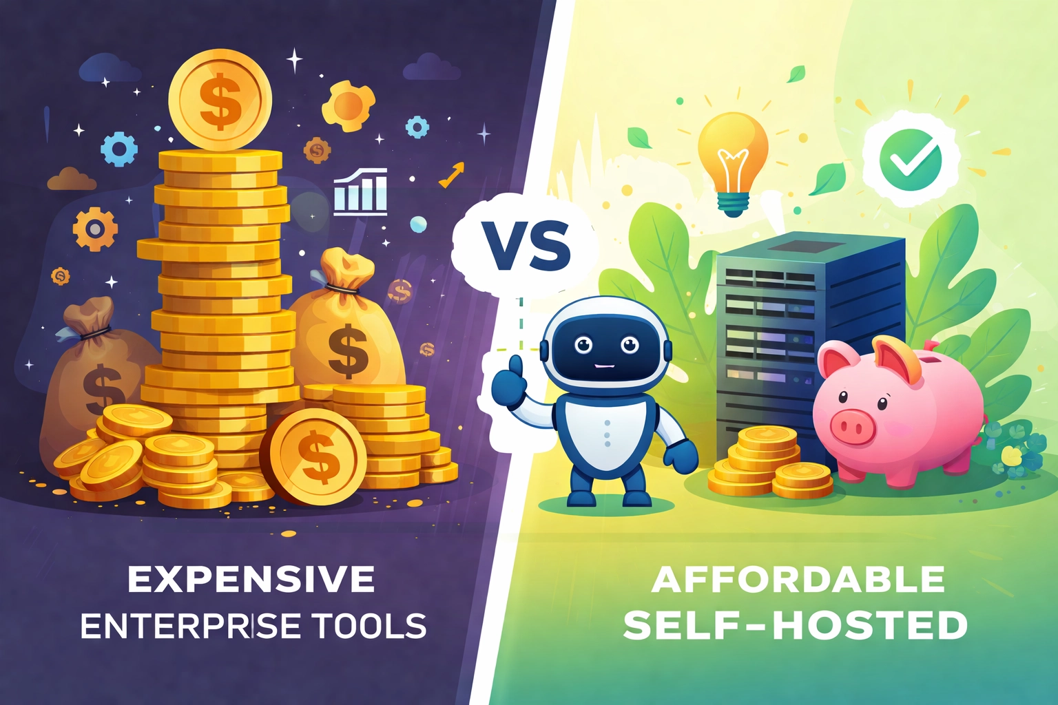 Cost comparison graphic with expensive enterprise tools versus affordable self-hosted Clawdbot solution and savings.