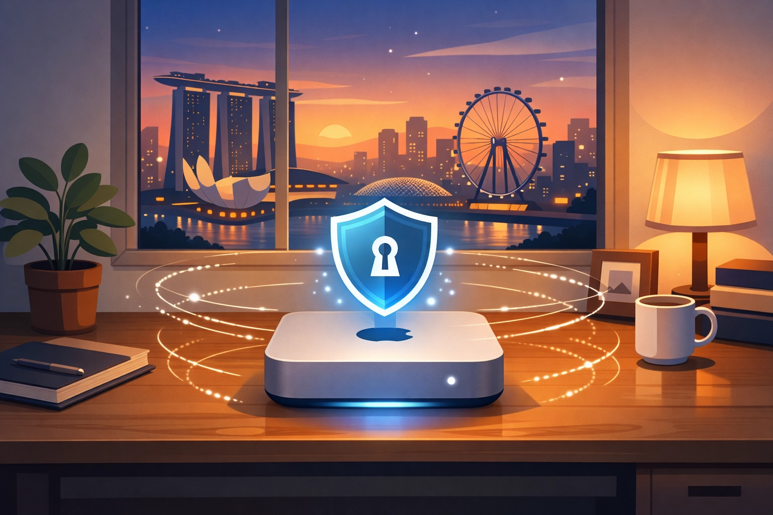 Mac Mini running OpenClaw locally in Singapore home office with privacy shield protection