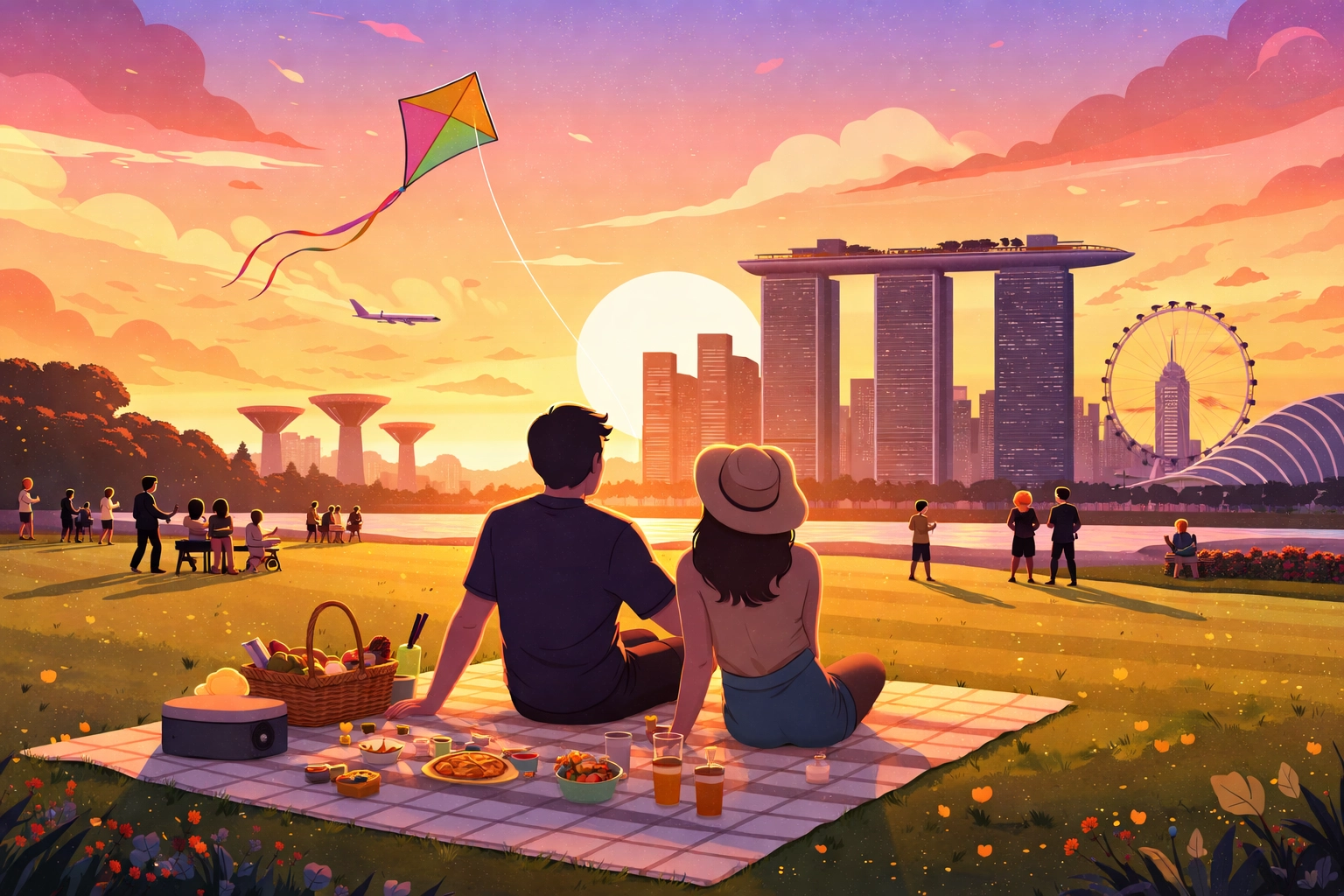 Couple watching sunset and flying a kite on Marina Barrage rooftop lawn with Singapore skyline in background