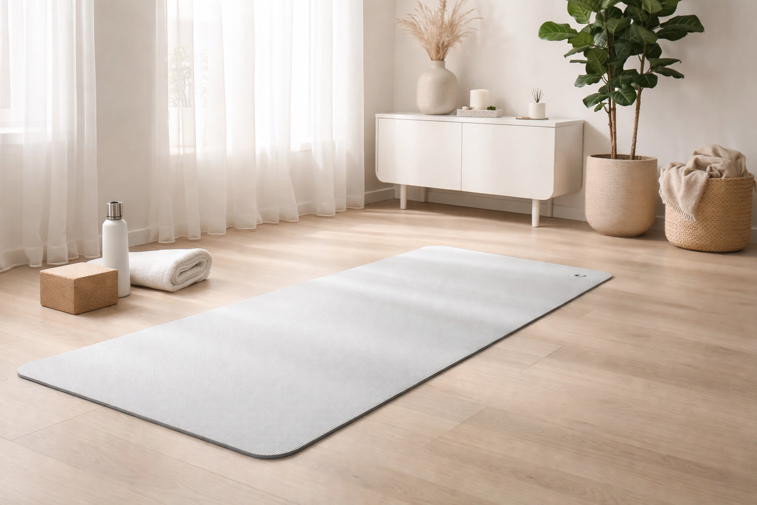 Premium 5mm yoga mat rolled out in a bright home studio (gift for her).
