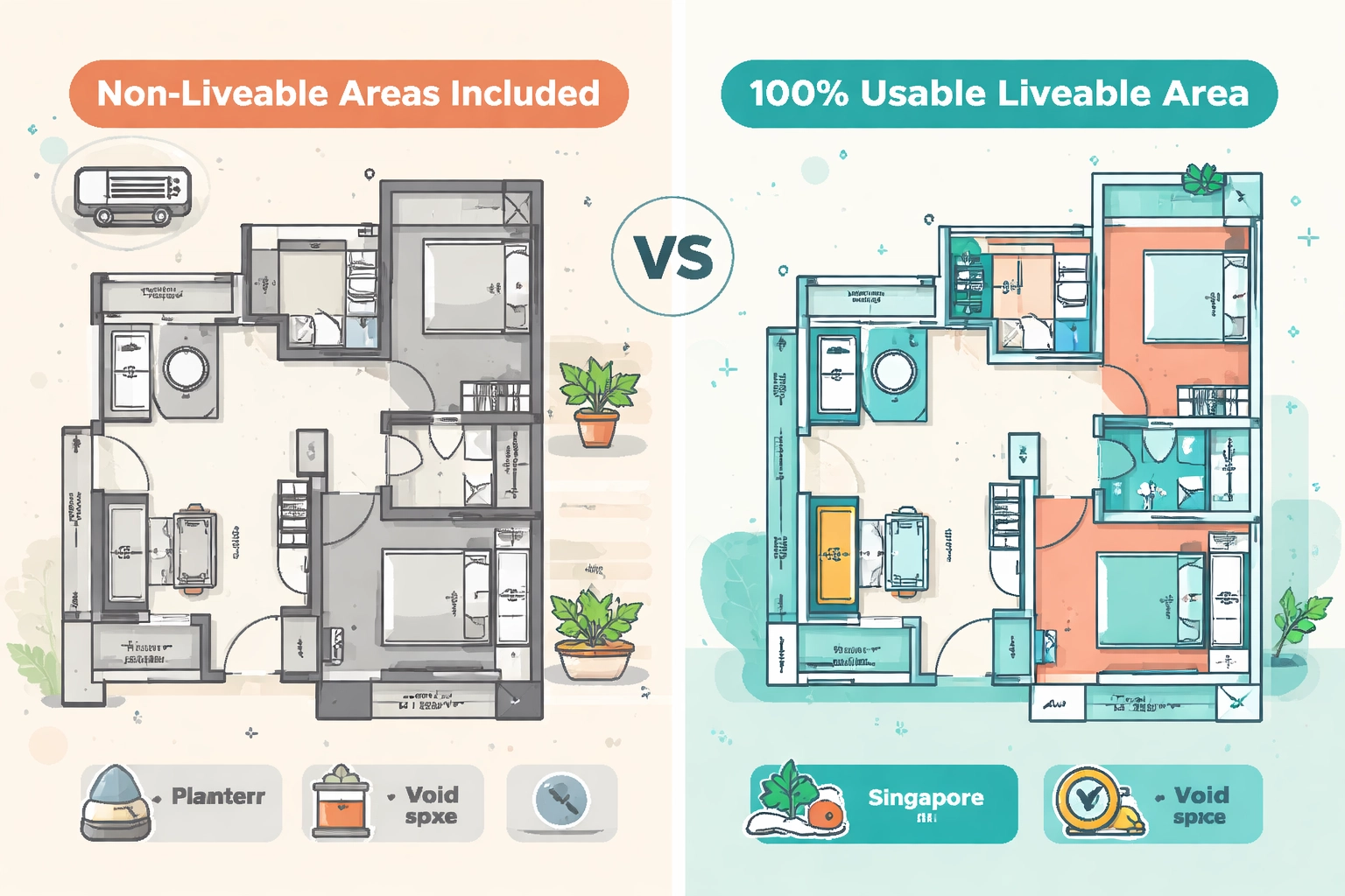 Split illustration comparing old and new Singapore condo floor plans, highlighting usable versus non-usable space under GFA harmonisation