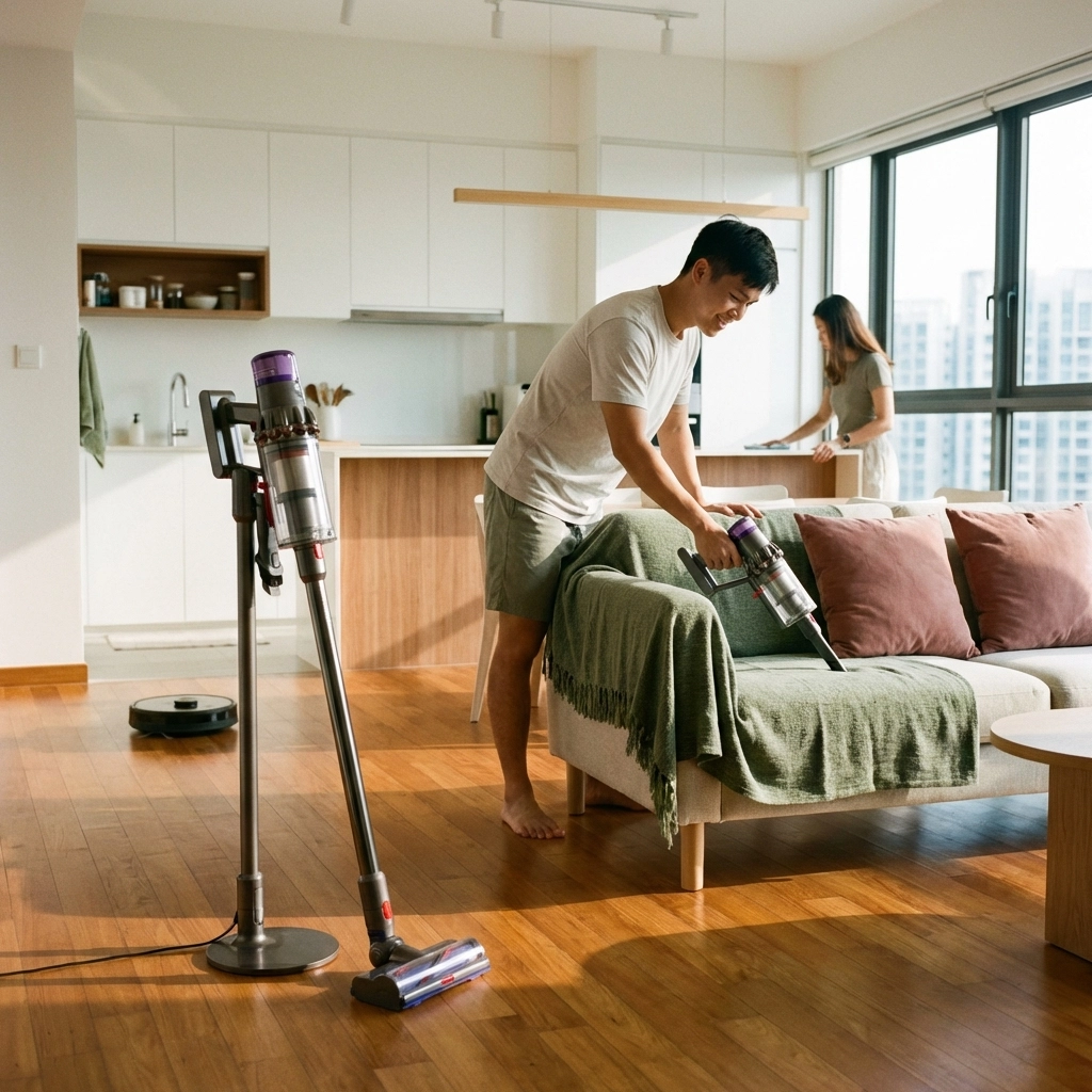 Modern Singapore condo with cordless stick vacuum and person cleaning sofa, showcasing home cleaning routines