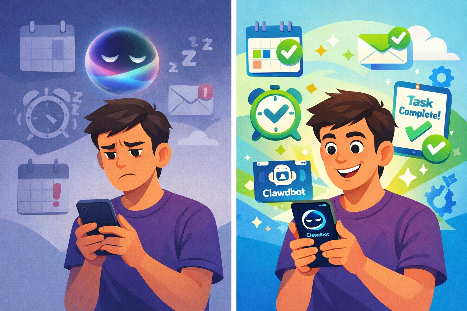 Siri passive assistant vs Clawdbot proactive AI comparison showing missed tasks versus completed notifications