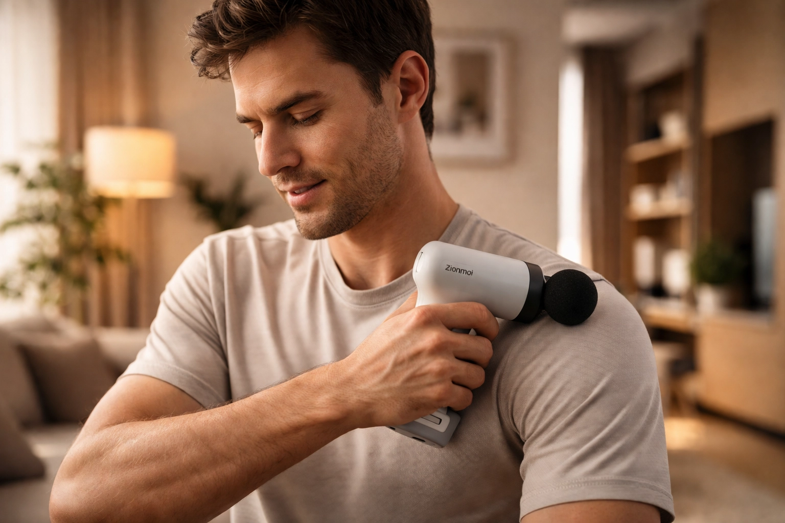 Xiaomi Massage Gun Mini 2 lifestyle photo (handheld massage gun used on shoulder), Valentine’s gift for him.