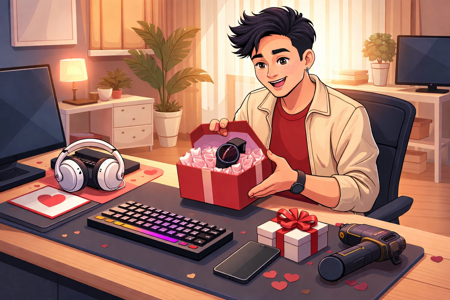 Singaporean man unboxing the best tech gifts for him on Valentine's Day, including headphones, smartwatch, and keyboard.