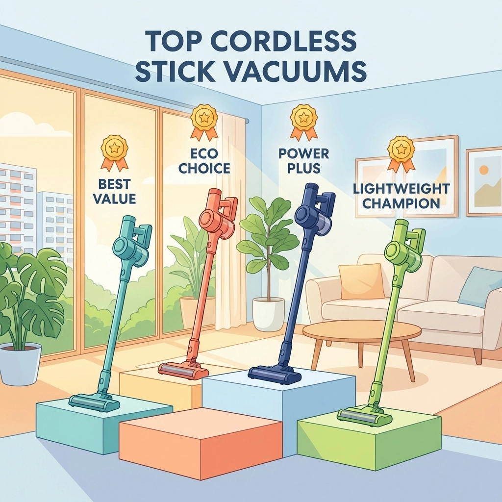 Infographic comparing top stick vacuum cleaners in a Singapore HDB living room for 2026 buyers