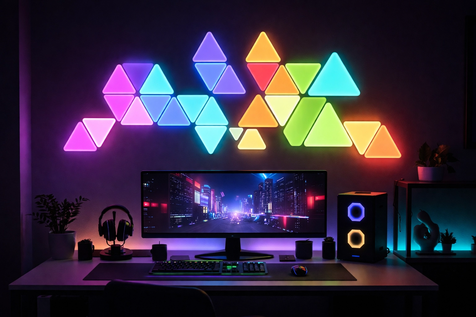 Nanoleaf triangle smart lights on a gaming room wall (gift for him).