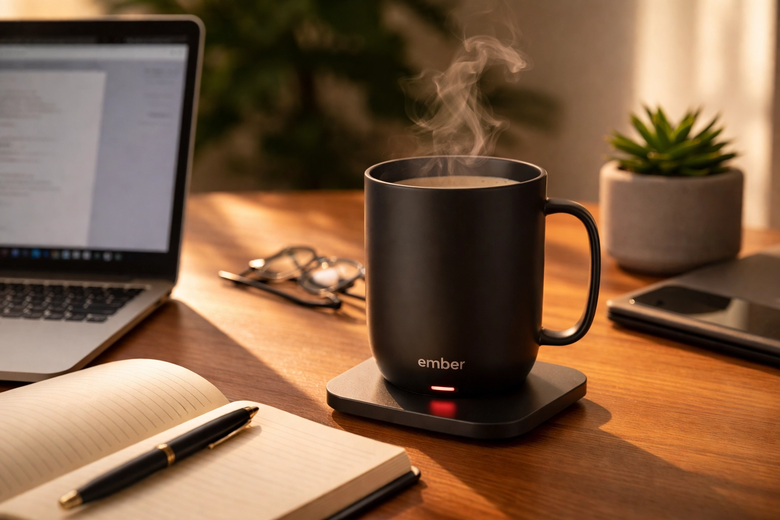 Ember temperature control smart mug on a work desk with laptop (gift for him).