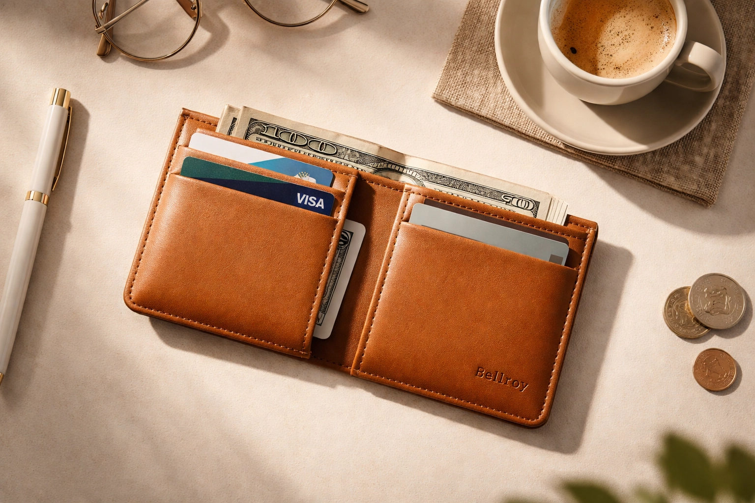 Bellroy Note Sleeve leather wallet on a minimalist tabletop flatlay (gift for him).