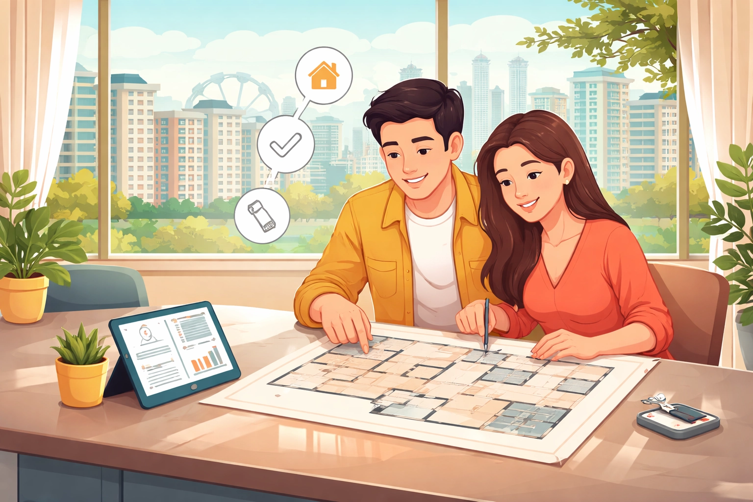 Singaporean couple reviewing condo floor plans at a showflat, illustrating smart property buying and GFA harmonisation benefits