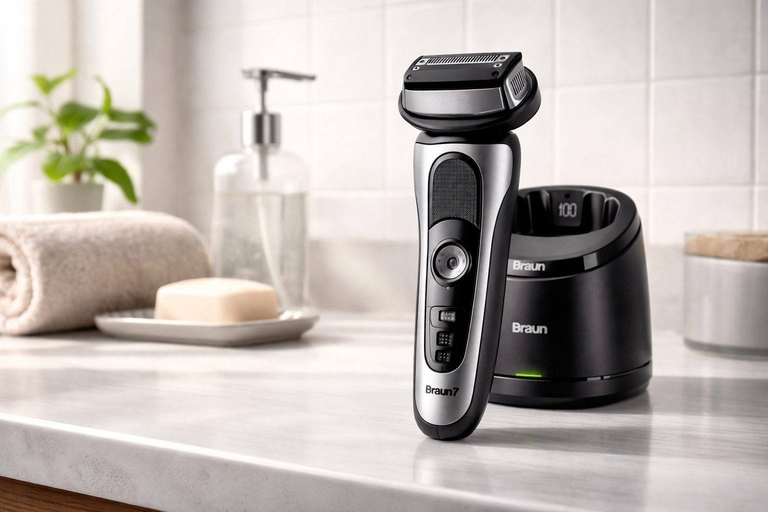 Braun Series 7 electric shaver product shot in bathroom setting (gift for him).