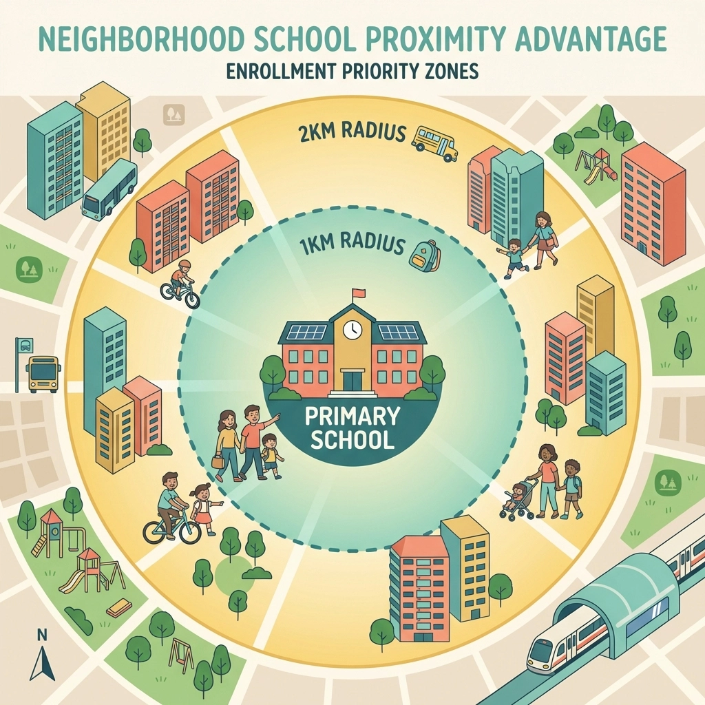 Aerial illustration showing Singapore condos and primary school within 1km and 2km zones for enrolment priority