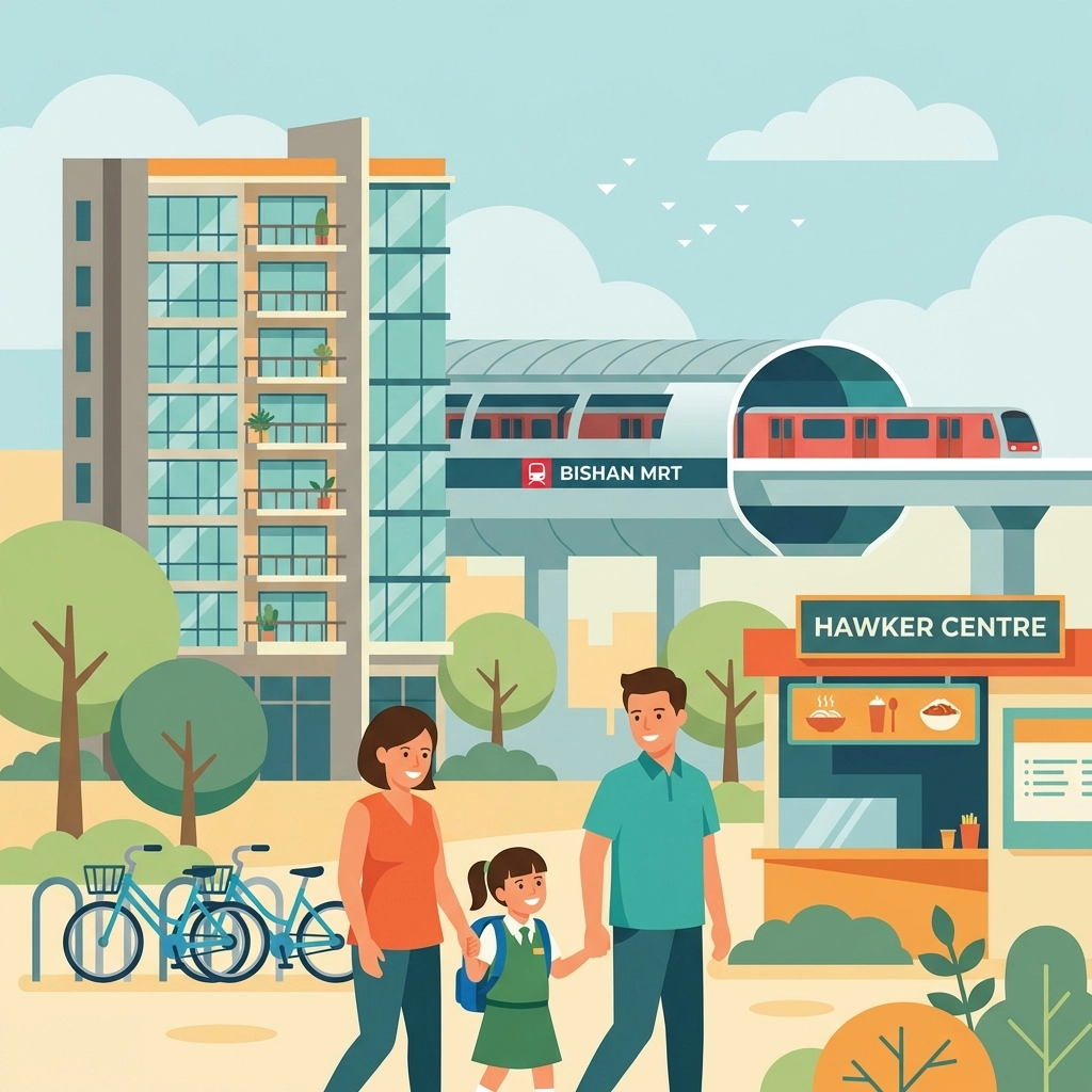Scene of a family walking past a condo, hawker centre, and Bishan MRT, highlighting family-friendly living near schools
