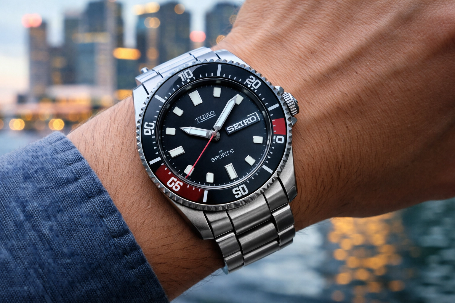 Seiko 5 Sports automatic watch close-up on wrist (Valentine’s gift for him).