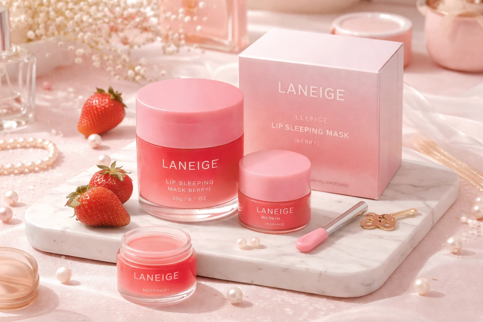 Laneige lip sleeping mask set flatlay on vanity (gift for her).