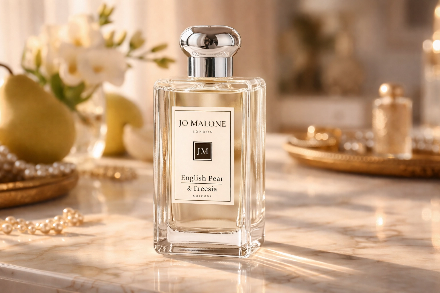 Jo Malone English Pear & Freesia perfume bottle on a dressing table (gift for her).