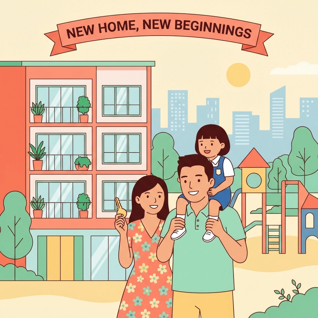 Young family celebrating new condo ownership near a top Singapore school, symbolizing homebuying for education