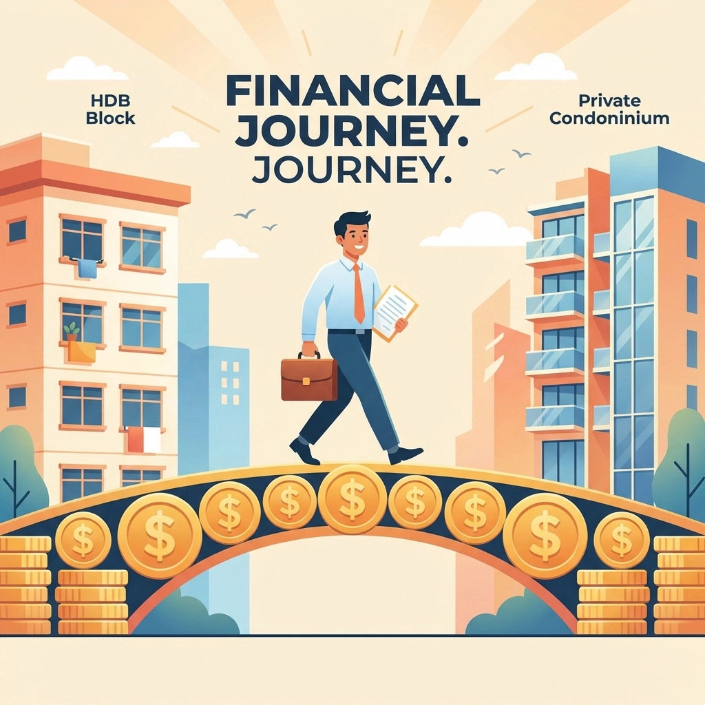 Conceptual bridge of coins linking HDB flat and private condo, representing bridging loans for upgraders