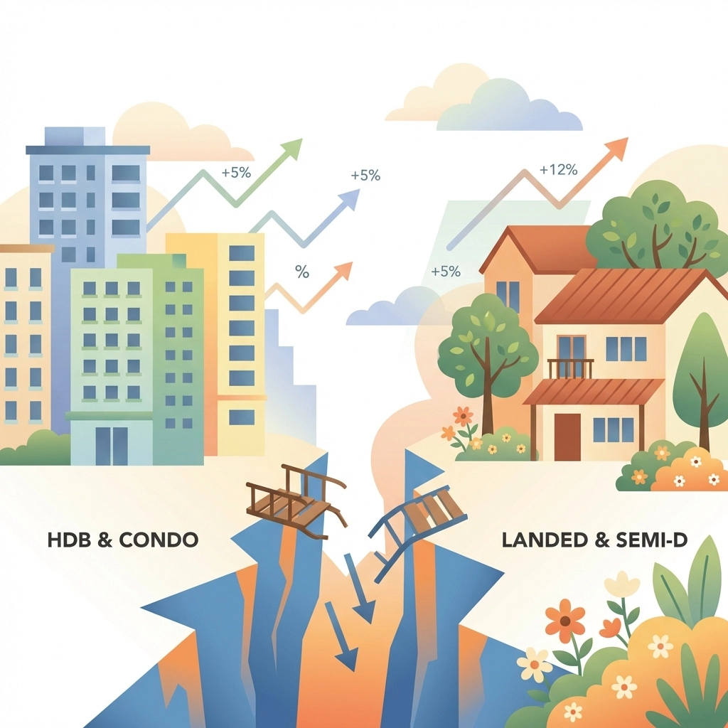 Illustration showing the widening wealth gap between HDB flats, condos, and landed homes in Singapore with a dramatic price gap.