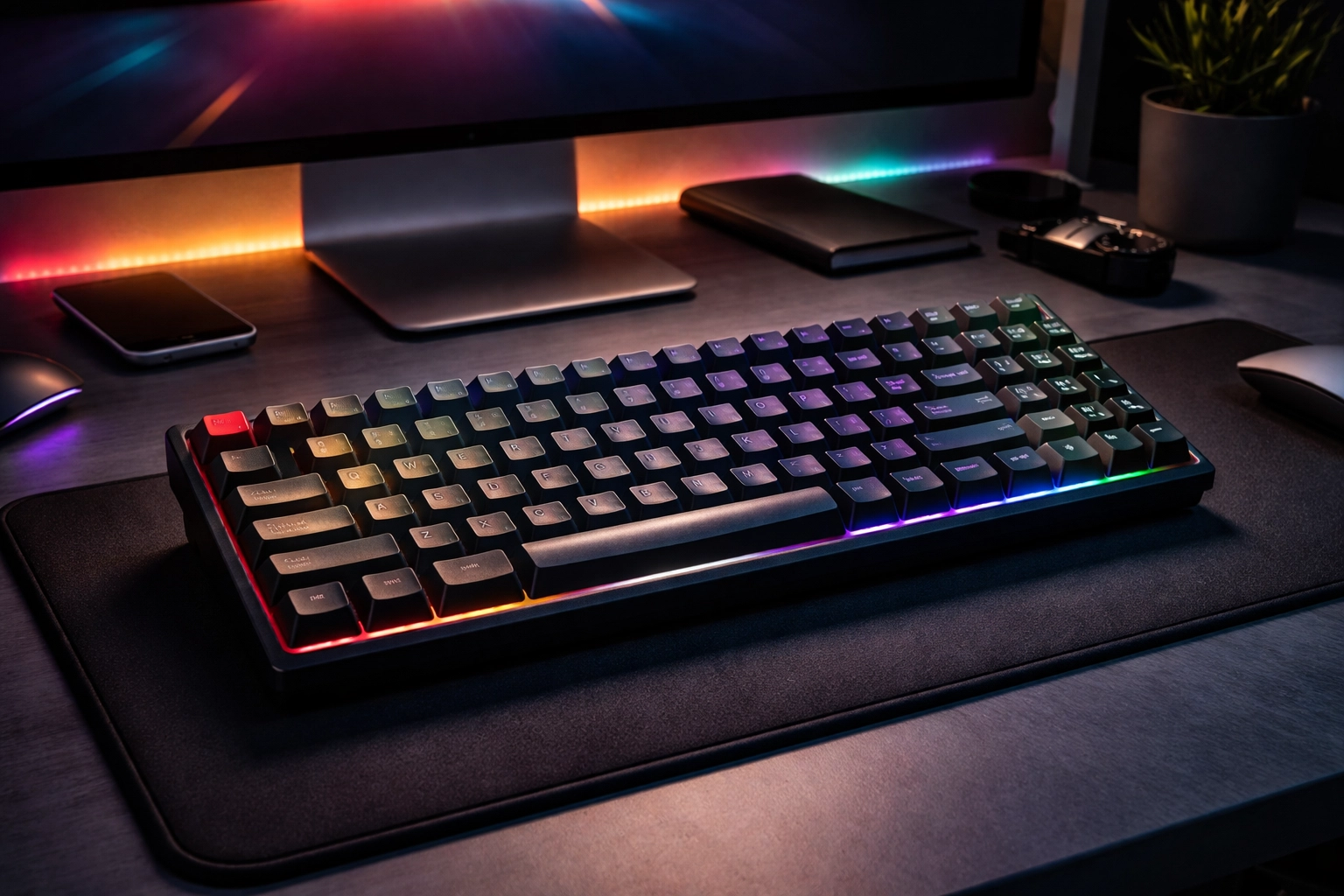 Keychron K2 HE keyboard on a modern desk setup with RGB lighting (gift for him).
