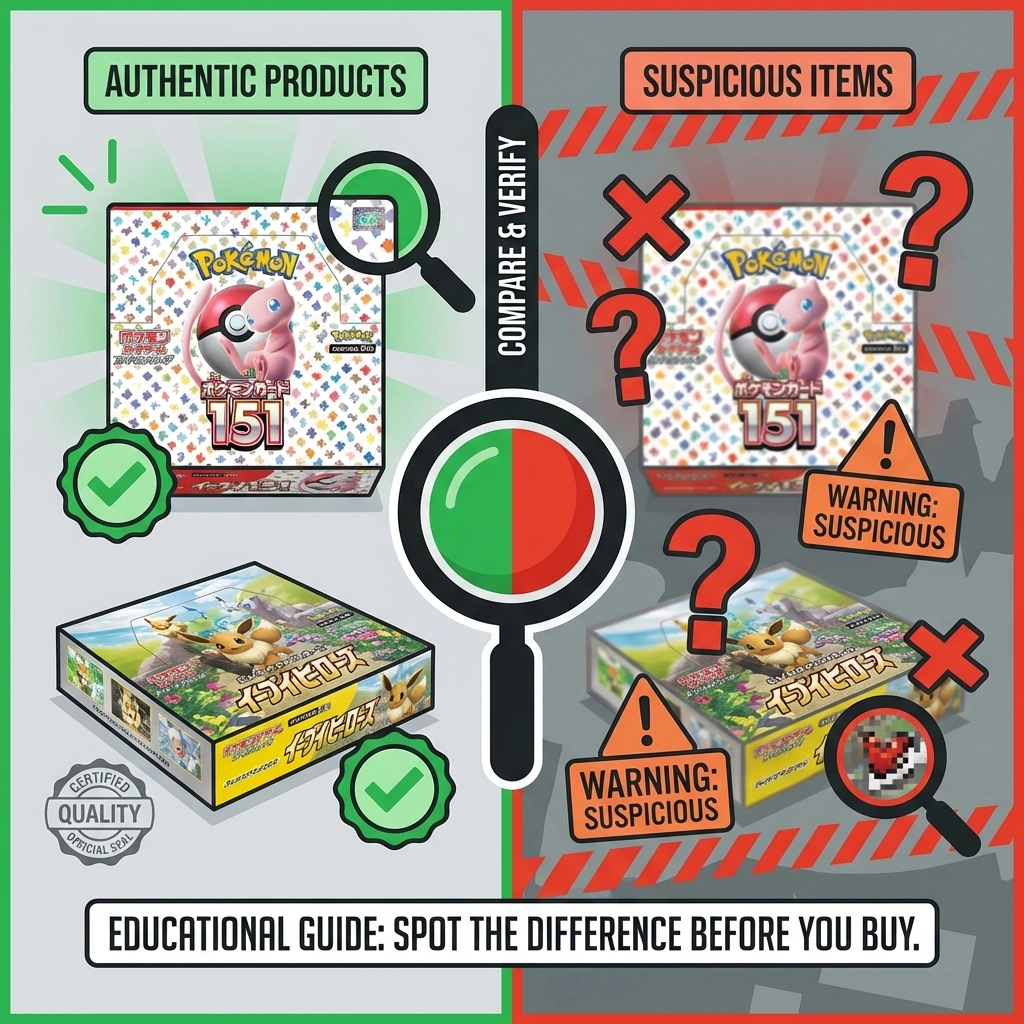 Authentic vs fake Japanese Pokémon sealed products comparison with warning symbols