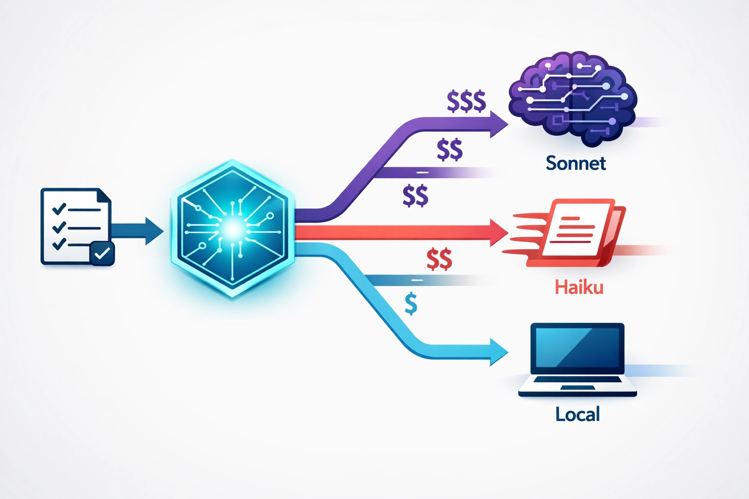 Smart AI model routing flowchart from local Ollama to Claude Haiku and Sonnet