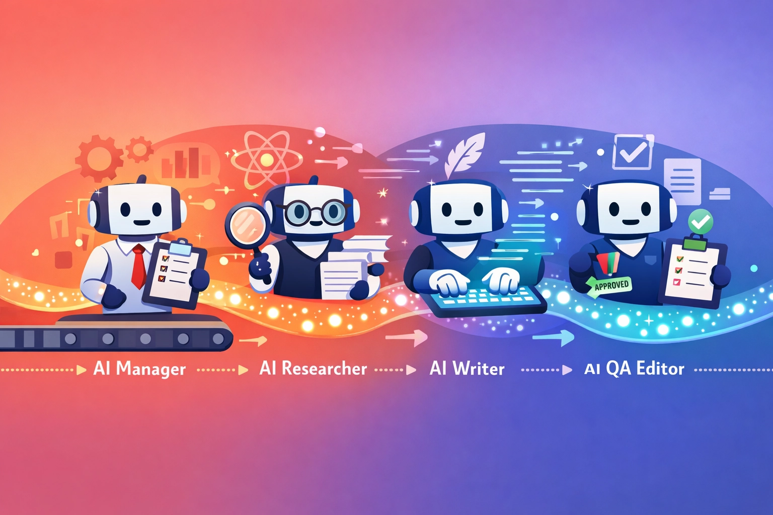 Multi-agent AI team workflow with Manager, Researcher, Writer and QA agents