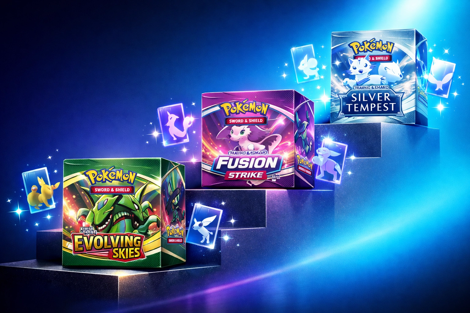 Sword & Shield booster boxes Evolving Skies, Fusion Strike, and Silver Tempest showing value growth