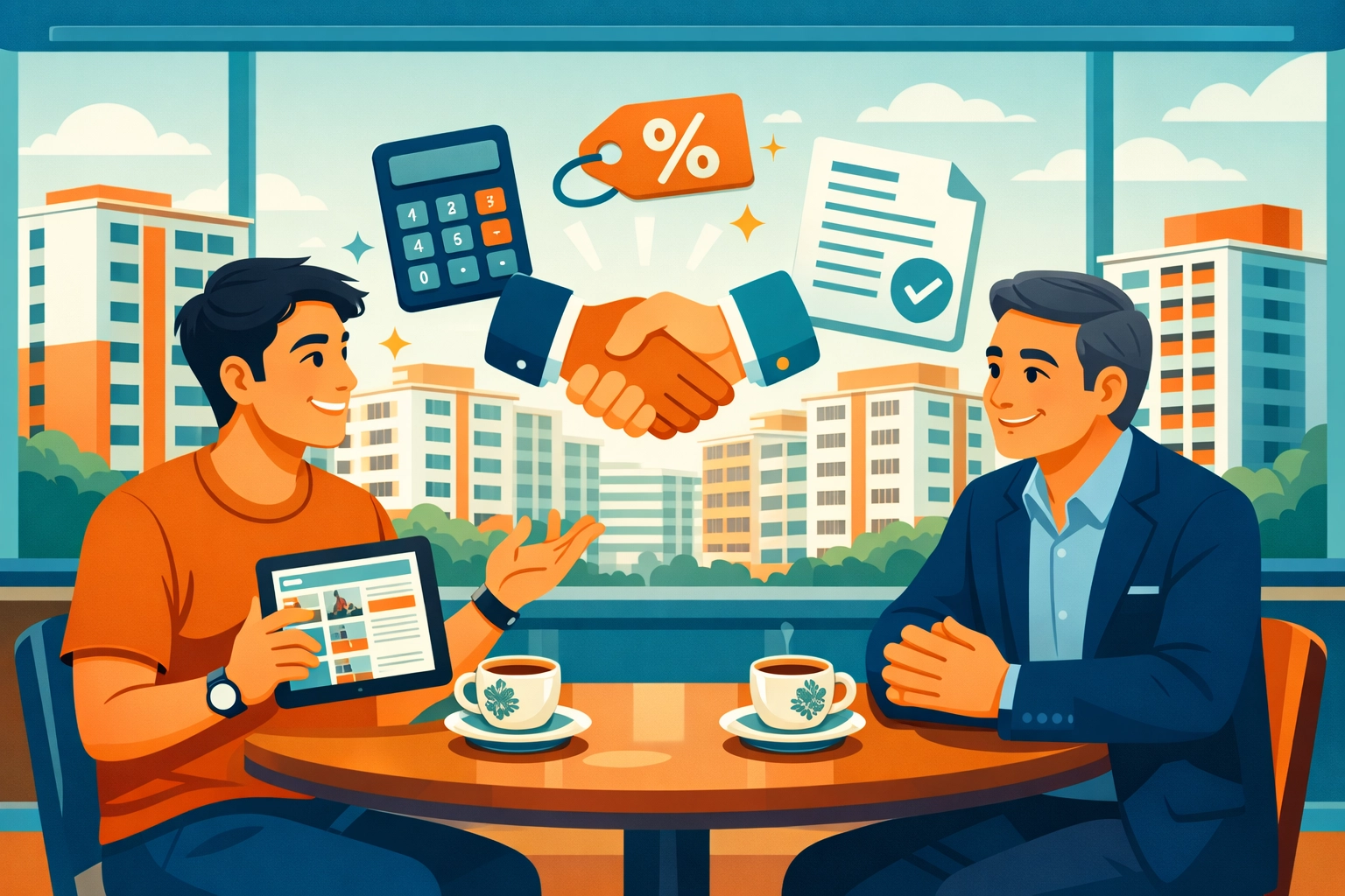 Tenant negotiating rental agreement with landlord in Singapore coffee shop