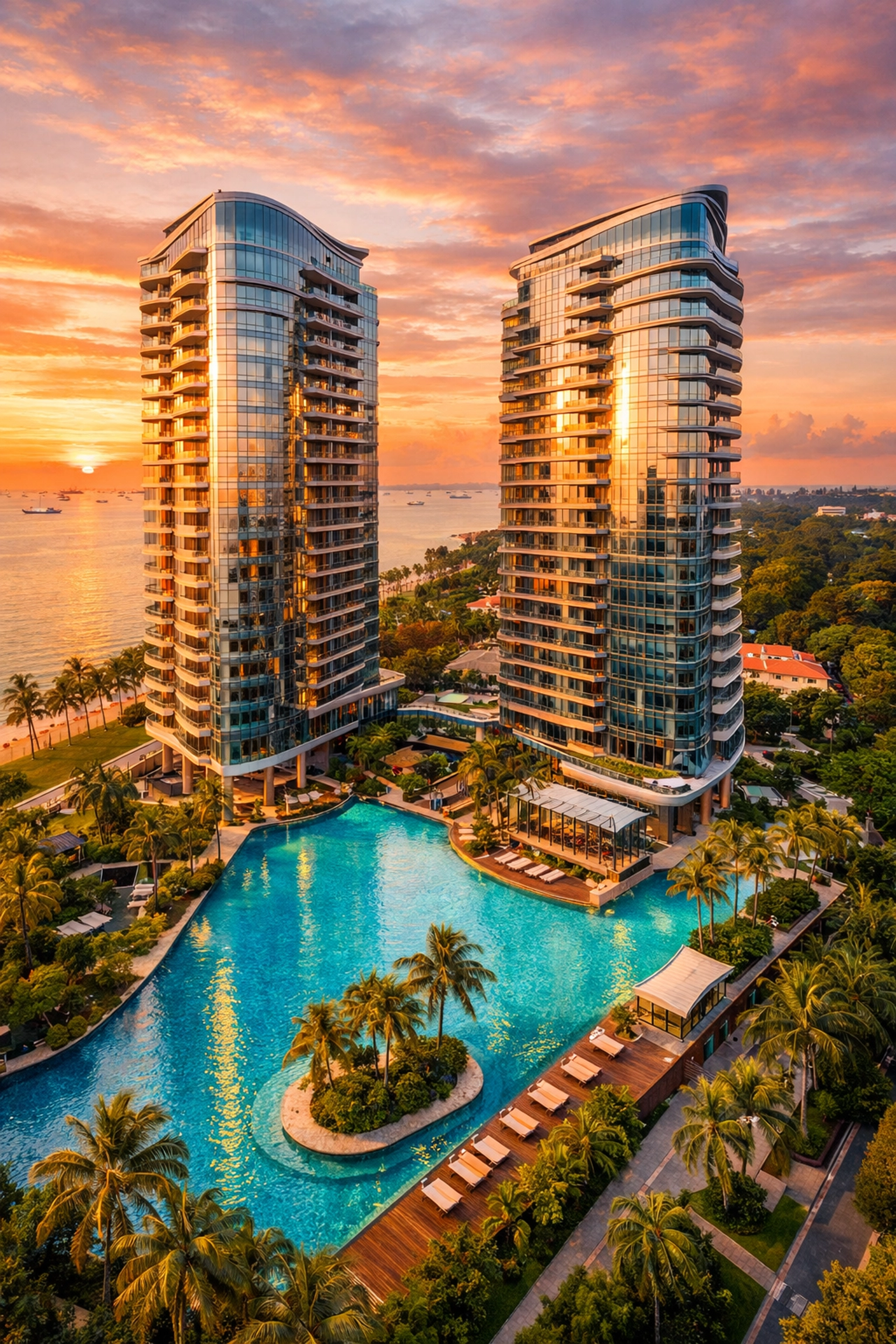 Vela Bay Bayshore condominium aerial view with infinity pool and East Coast Park Singapore